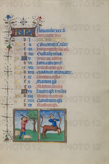 Calendar Page for November: Gathering Acorns for Pigs: Sagittarius; Book of Hours, about 1450-1455. Creator: Master of the Lee Hours.