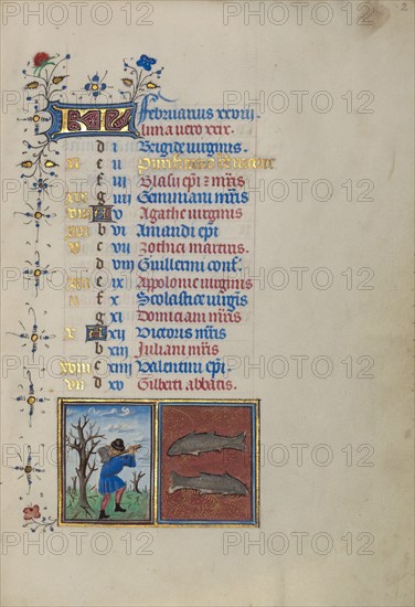 Calendar Page for February: Chopping Trees: Pisces; Book of Hours, about 1450-1455. Creator: Master of the Lee Hours.