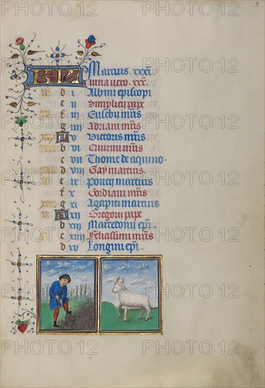 Calendar Page for March: Digging: Aries; Book of Hours, about 1450-1455. Creator: Master of the Lee Hours.