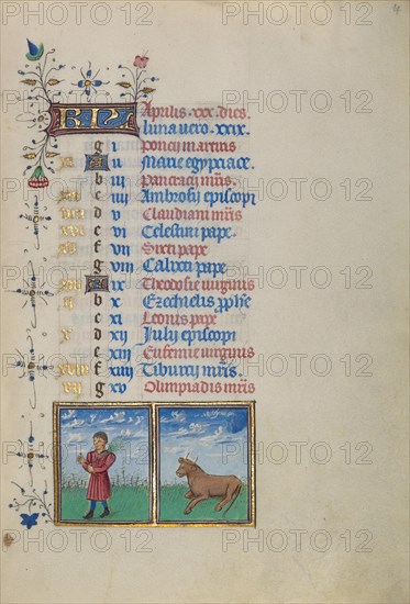 Calendar Page for April: Picking Flowers: Taurus; Book of Hours, about 1450-1455. Creator: Master of the Lee Hours.