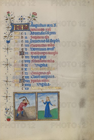 Calendar Page for August: Threshing: Virgo; Book of Hours, about 1450-1455. Creator: Master of the Lee Hours.