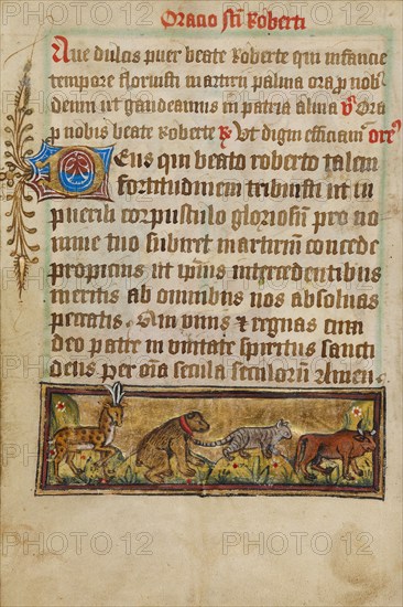 Prayer to Robert of Bury with Four Animals in Procession; Illustrated Vita Christi..., about 1480-14 Creator: Unknown.