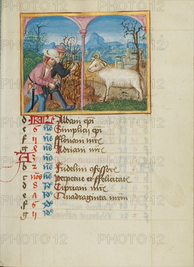 March Calendar Page: Pruning Trees: Aries; Book of Hours, early 16th century. Creator: Unknown.