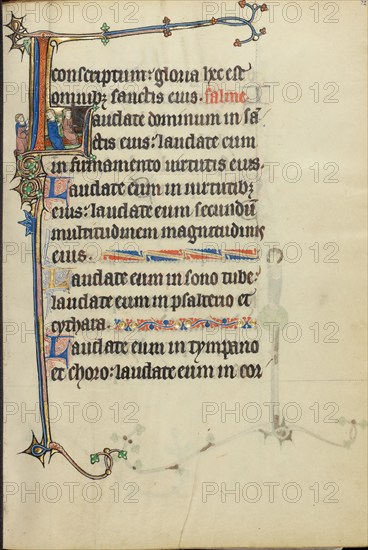 Initial L: Two Men Playing a Harp and a Hand Organ; Ruskin Hours, about 1300. Creator: Unknown.