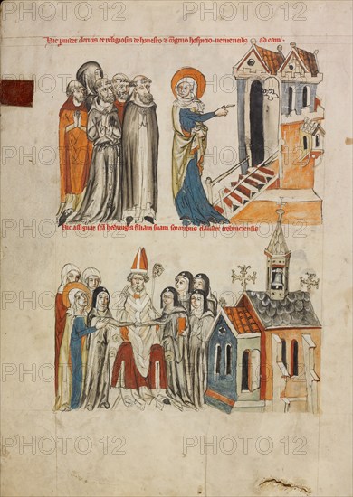 Saint Hedwig Offering Hospitality: Saint Hedwig Presenting Her Daughter Gertrude to the..., 1353. Creator: Unknown.