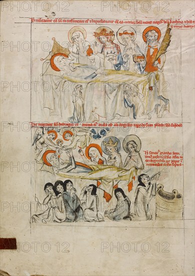 Saint Hedwig on Her Sickbed Surrounded by Saints; The Death of Saint Hedwig and Her Soul..., 1353. Creator: Unknown.