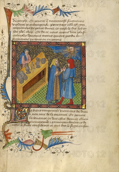 Two Men Standing before a Bench of Money, Plates, and Goblets; Livre de Bonnes Moeurs, about 1430. Creator: Unknown.