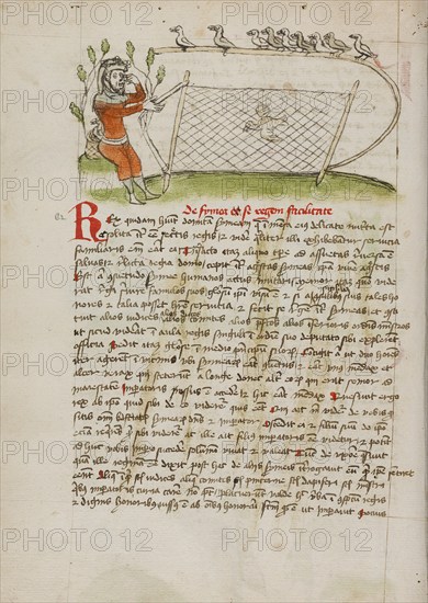 A Crowned Man Pointing to his Eyes and Holding a Net over a Bird, third quarter of 15th century. Creator: Unknown.