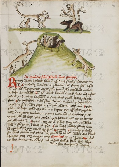 A Lion Standing on the Back of a Bear: Two Foxes in a Hole..., third quarter of 15th century. Creator: Unknown.