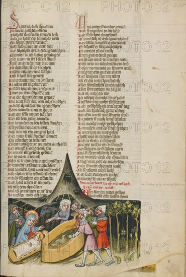 Jesus Healing the Wounds of the Robbed Merchants; Weltchronik, about 1400-1410. Creator: Unknown.