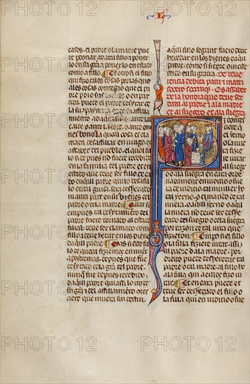 Initial S: Three Children Standing before their Parents and Three Children..., about 1290-1310. Creator: Unknown.