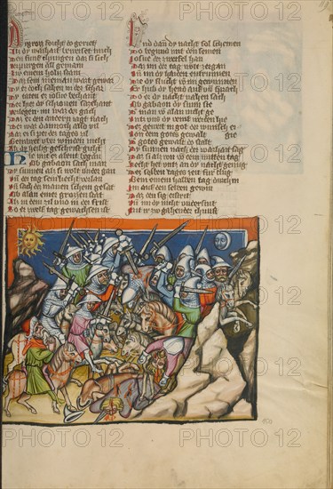 The Battle with the Five Kings of Canaan; Weltchronik, about 1400-1410. Creator: Unknown.