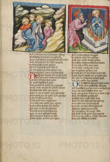 Jephtha's Daughter and Her Maidens in the Mountains: Jephtha Sacrificing His..., about 1400-1410. Creator: Unknown.