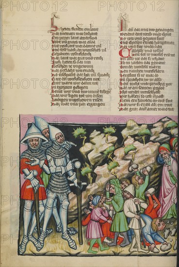 The Israelites' Fear of the Giants: The Israelites Stoning the Spies; Weltchronik, about 1400-1410. Creator: Unknown.