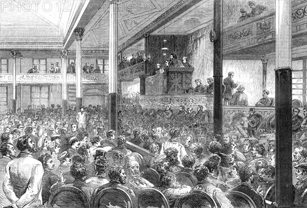 The Right of Meeting at Paris: M. Ducasse speaking at the Salle des Folies-Belleville, 1869. Creator: Unknown.