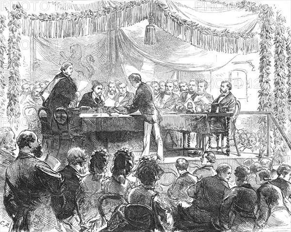 The Duke of Edinburgh presenting the prizes at the Royal Nayal School, New-Cross, 1871. Creator: C. R..