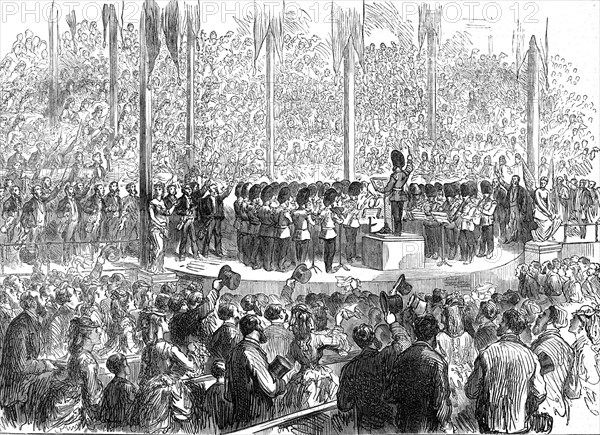 Musical Festival at Boston: band of the Grenadier Guards playing "The Star-Spangled Banner", 1872. Creator: Unknown.