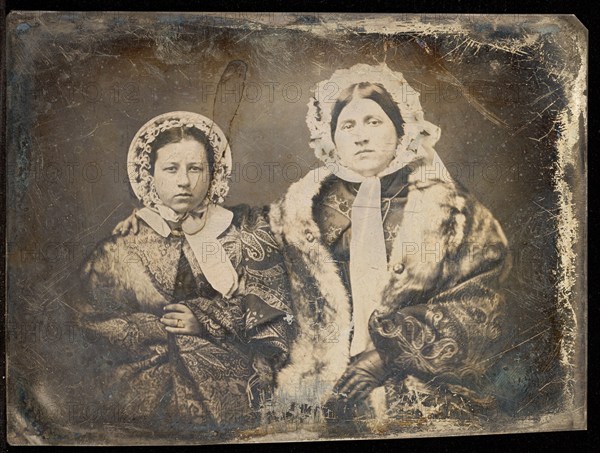 Portrait of Two Seated Women in Bonnets, about 1855. Creator: Unknown.