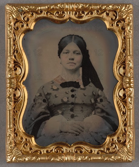 Portrait of a Seated Woman in Bonnet with Ties to the Side, about 1860. Creator: Unknown.