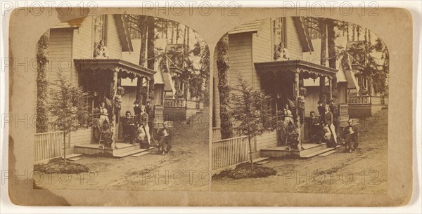 Family portrait posed on front porch of house, about 1865. Creator: Unknown.