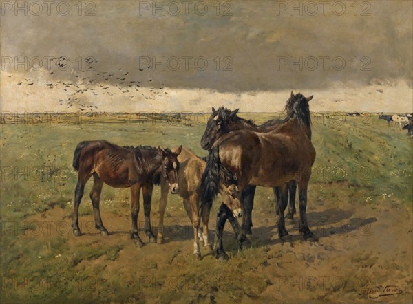 Foals in the Paddock, mid-late 19th century. Creator: Alfred Verwee.