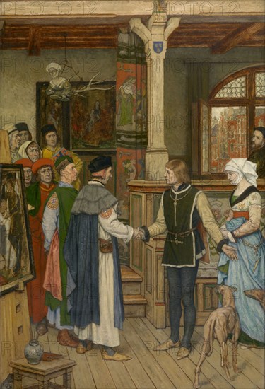 The Magistrates Visit the Studio of Jan van Eyck, 1889. Creator: Albrecht De Vriendt.