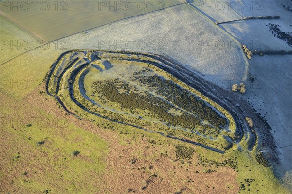 Caer Caradoc, an Iron Age multivallate hillfort earthwork, Chapel Lawn, Shropshire, 2024. Creator: Damian Grady.