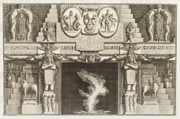 Design for chimneypiece with ornate Egyptian design over mantlepiece, animals and figures..., 1769. Creator: Giovanni Battista Piranesi.