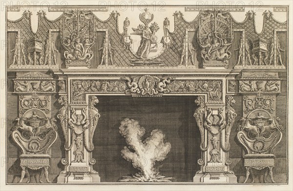 Design for a chimneypiece with detailed moulded surround with figures, lattice-work, horses..., 1769 Creator: Giovanni Battista Piranesi.