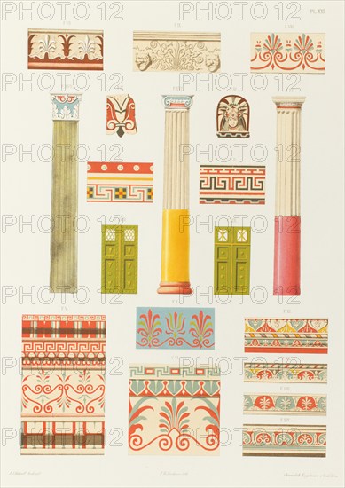 Colonnes, pilastre, ornements, portes, cymaises, antéfixe et fragments de Pompéi, de la..., 1851. Creator: Franz Kellerhoven.