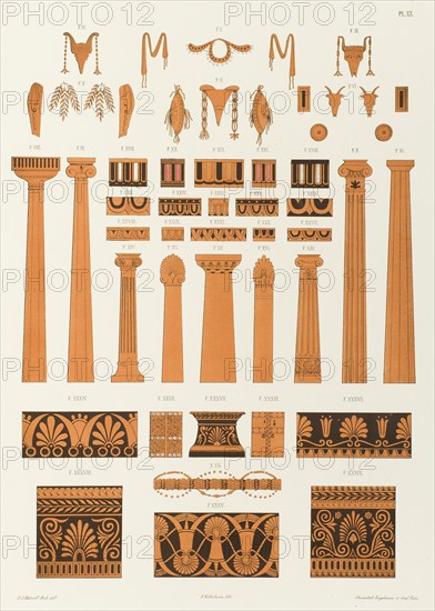 Offrandes, colonnes, stèles et ornements divers tirés de vases peints, 1846.  Creator: Franz Kellerhoven.