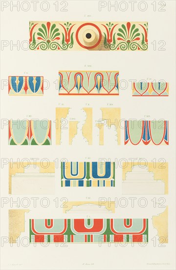 Painted moldings of the temples and propylaea of Athens, 1846. Creator: Hubert Roux.