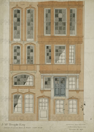 Design for Nos 9-11 Chelsea Embankment, London SW3: detail of lower part of front...1878. Creator: Richard Norman Shaw.