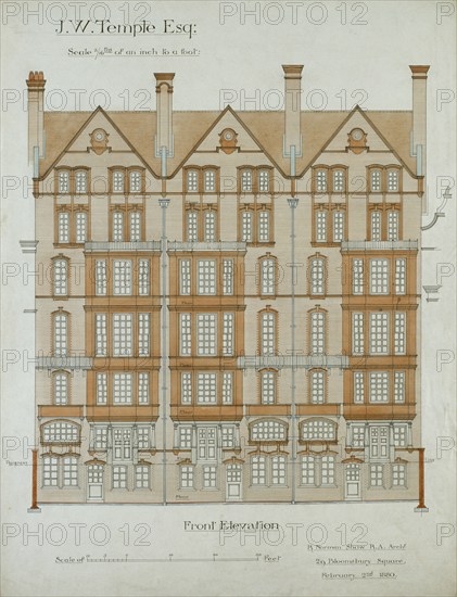 Design for Nos 9-11 Chelsea Embankment, London SW3: front elevation, 2 February 1880. Creator: Richard Norman Shaw.