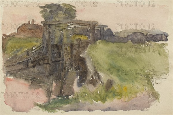 Study of a landscape with river and lock gates, c1875-1944. Creator: George Clausen.