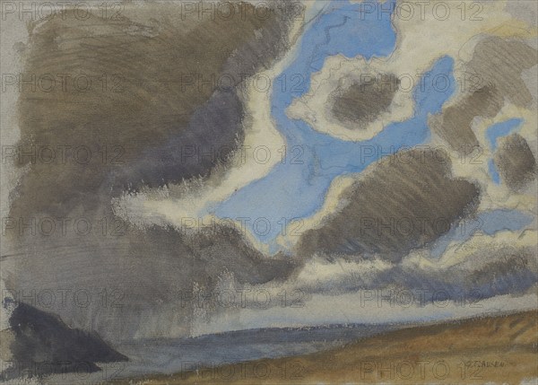 Landscape with expansive cloudy sky, early 20th century. Creator: George Clausen.