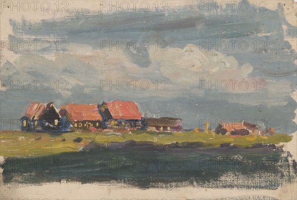 Study of Dutch red-roofed houses beside water, mid-late 1870s. Creator: George Clausen.