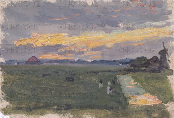 Study of a landscape at sunset with windmill, mid-late 1870s. Creator: George Clausen.