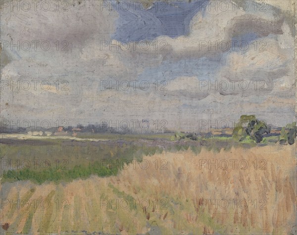 Study of a cornfield in Summer with a view of distant buildings, (late 1870s/1880s?). Creator: George Clausen.