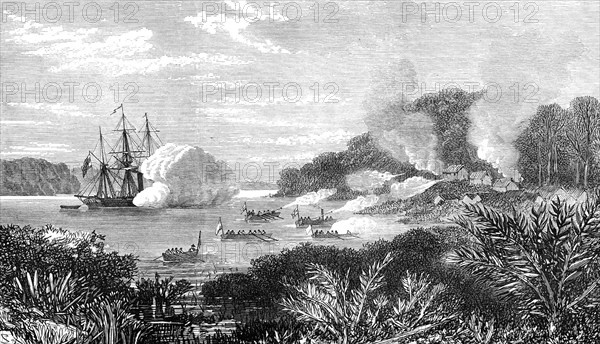 Destruction of a pirates' stronghold at Sulu by H.M.S. Nassau, 1872. Creator: Unknown.