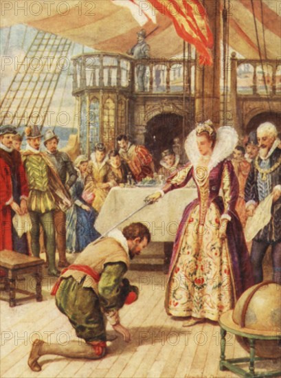 'Francis Drake being knighted by Queen Elizabeth', c1900.  Creator: Howard Davie.