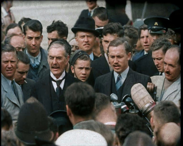 Neville Chamberlain, the British Prime Minister, Speaking to Male Journalists and Members..., 1938. Creator: British Pathe Ltd.