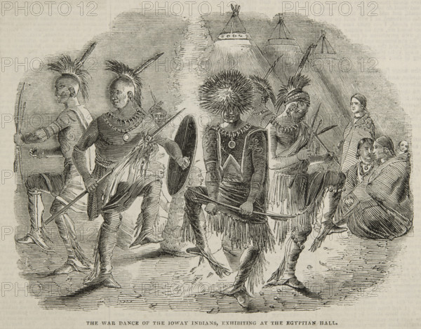 The War Dance of the Ioway Indians, exhibiting at the Egyptian Hall, 1844. Creator: Unknown.