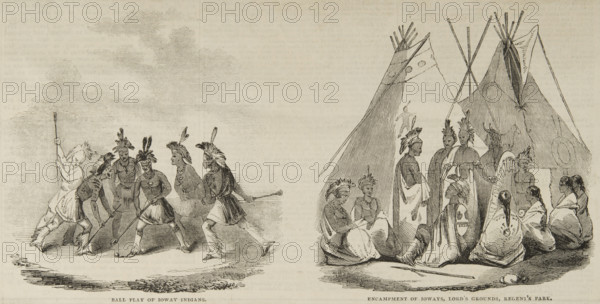 'Ball Play of the Ioway Indians' and 'Encampment of Ioways, Lord's Grounds, Regent's Park', c1844.  Creator: Unknown.