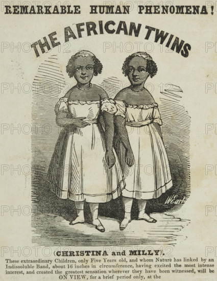 Advertisement for exhibition featuring "The African Twins" at Egyptian Hall, Piccadilly, 1855. Creator: Unknown.