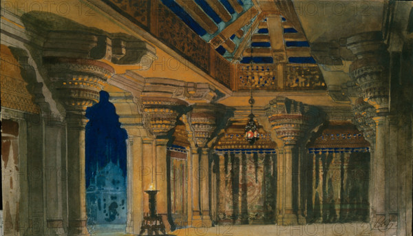 Stage design for the ballet "La Bayadère", composed by L. Minkus, 1884.  Creator: Orest Karlovich Allegri.