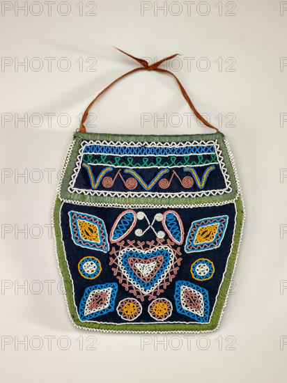 Hexagonal Beaded Pouch With Heart Design, 1870-1910. Creator: Unknown.