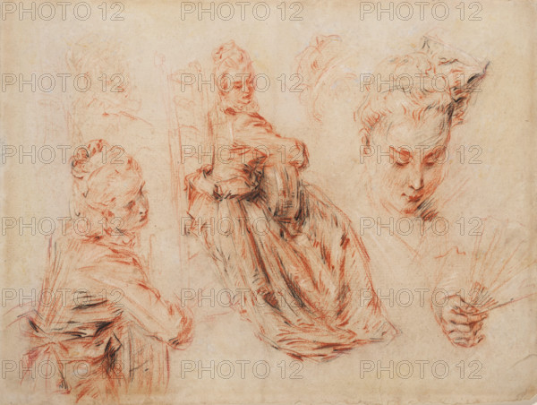 Three Studies of a Seated Woman, about 1717. Creator: Jean-Antoine Watteau.