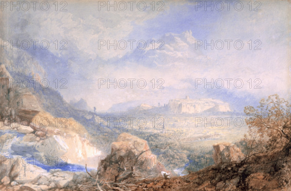 Valley of the Rhone with the City and Citadel of Sion, in Switzerland, 1853. Creator: James Baker Pyne.