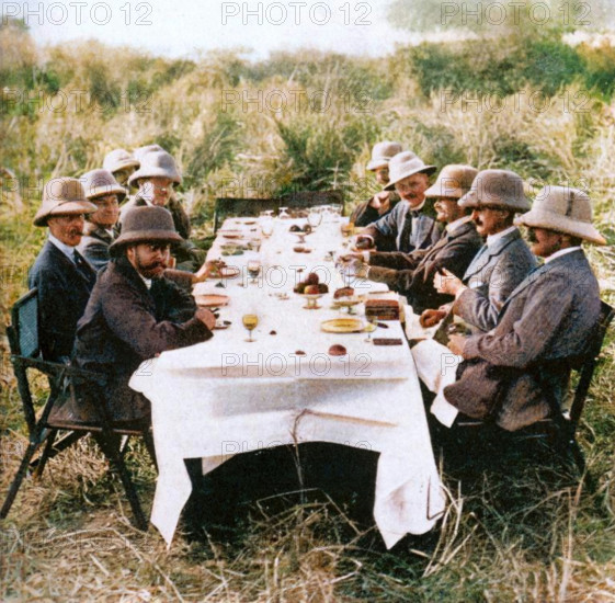 King George V (1865-1936) having lunch after tiger hunting in Nepal, 1911 (1936). Creator: Unknown.